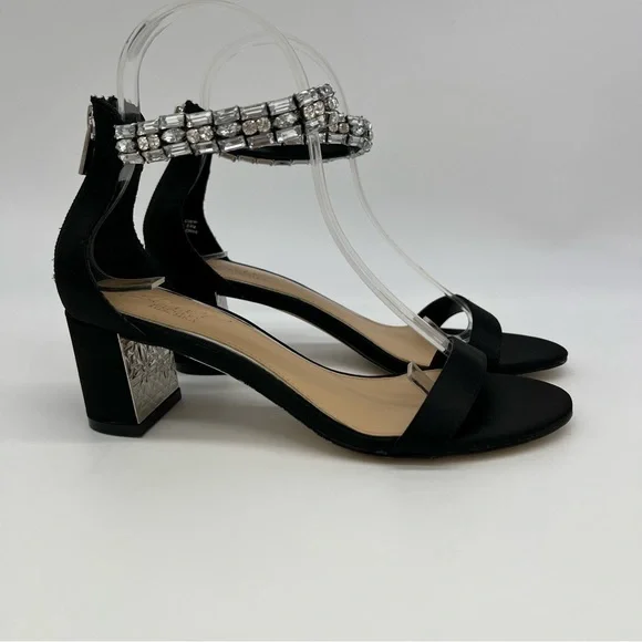 Jewel Badgley Mischka Katerina Black Heels Rhinestone Strap Sz 6 Elegant - Picture 2 of 14